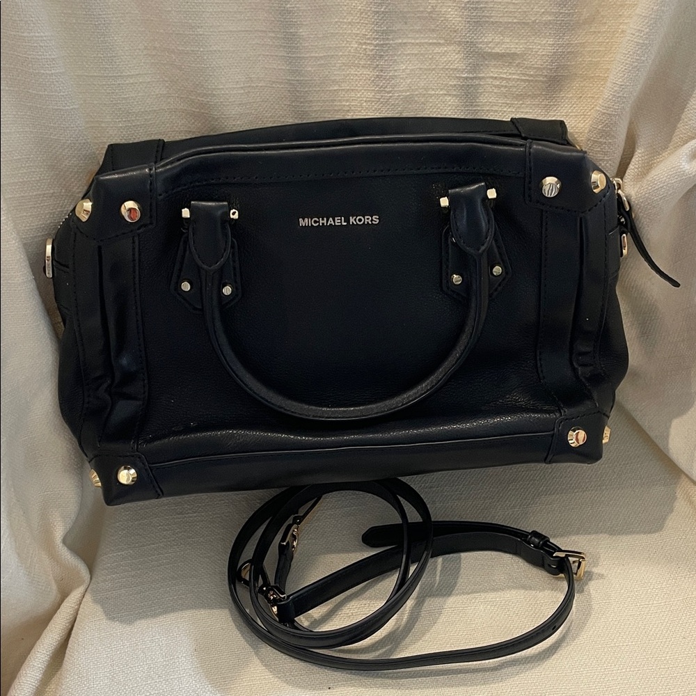 Michael Kors Black Leather Satchel with Gold Hardware